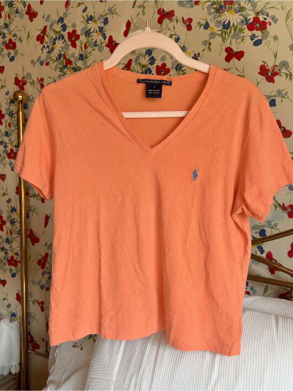 ralph lauren sport coral orange v-neck baby tee size large preppy coastal y2k L